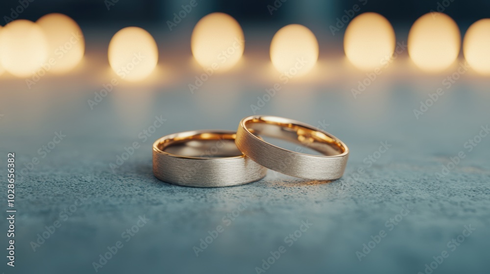 Two elegant gold wedding rings on a soft surface, blurred glowing lights in the background, love symbol.