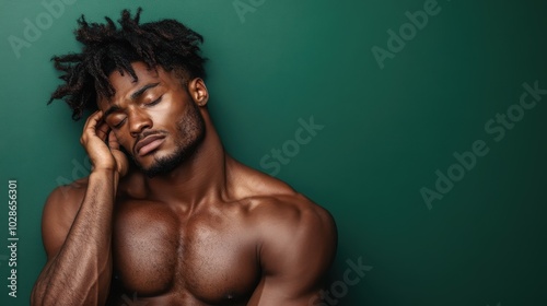 A shirtless man with a muscular physique and relaxed expression has his hand on his face, set against a green background, conveying peace and introspection.