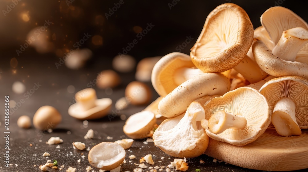 A beautiful pile of fresh mushrooms artistically scattered across a rustic table, capturing their raw texture and culinary allure, inviting imaginative culinary exploration. A beautiful pile of fresh mushrooms artistically scattered across a rustic table, capturing their raw texture and culinary allure, inviting imaginative culinary exploration.