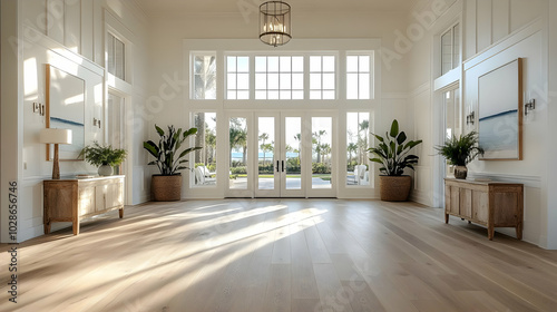 Bright, spacious interior with large windows and potted plants.