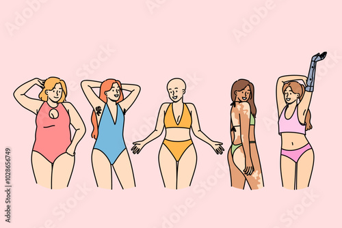 Variety women promote philosophy of body positivity while standing in underwear next to friends. Concept body positivity and lack of discrimination due to individual characteristics of figure and skin