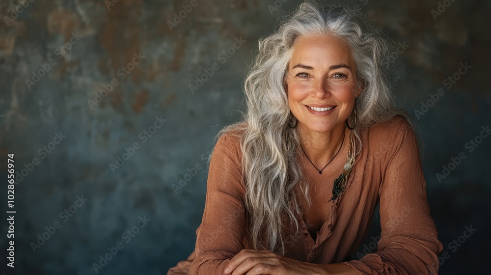 A joyful woman with flowing gray hair wearing a warm brown top, posing against a textured backdrop, radiating warmth, wisdom, and approachable beauty. A joyful woman with flowing gray hair wearing a warm brown top, posing against a textured backdrop, radiating warmth, wisdom, and approachable beauty.