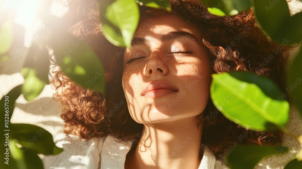 A young woman with curly hair relaxes under dappled light surrounded by lush greenery, capturing the serene essence of nature and peaceful contemplation. A young woman with curly hair relaxes under dappled light surrounded by lush greenery, capturing the serene essence of nature and peaceful contemplation.