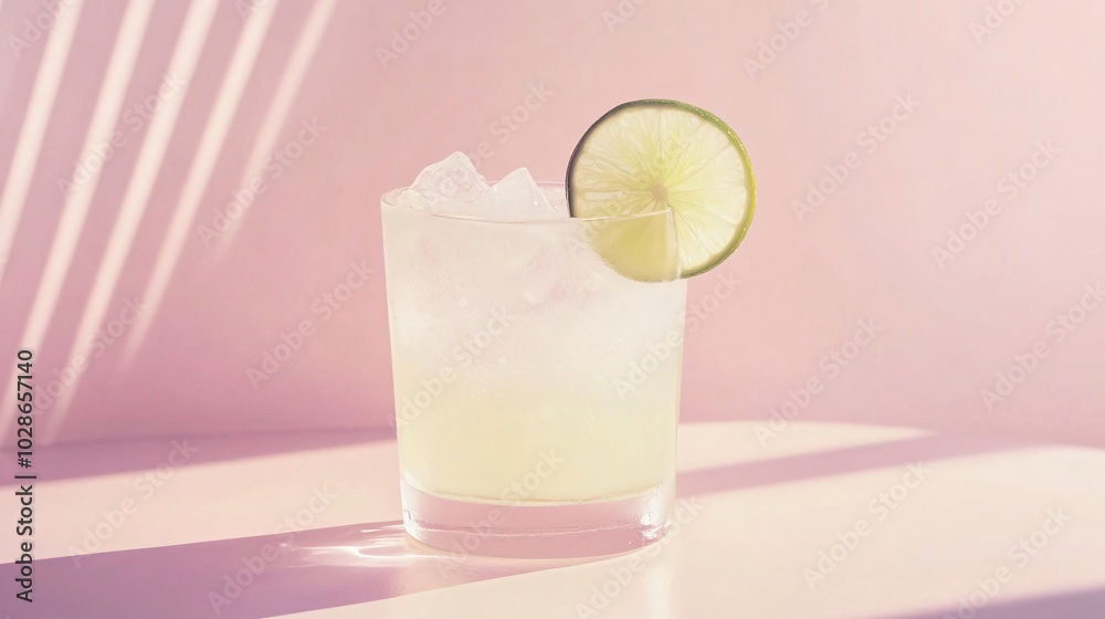A frosty Paloma cocktail with ice, garnished with a lime wheel, placed on a soft pink background with delicate geometric accents A frosty Paloma cocktail with ice, garnished with a lime wheel, placed on a soft pink background with delicate geometric accents