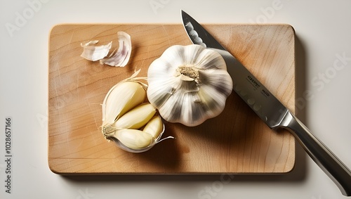 A top-down view of a garlic bulb being sliced in half on a wooden cutting board, revealing its fresh and moist interior. photo