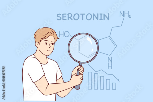 Flaw of hormone serotonin in man holding magnifying glass and suffering from lack of sunlight. Formula of hormone serotonin near guy with change of seasons and onset of cloudy weather