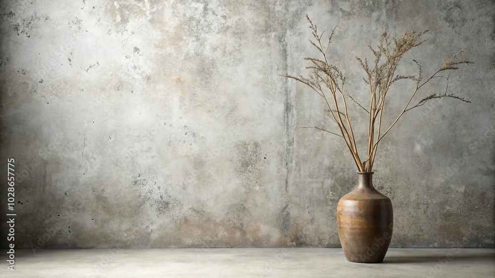 Fototapeta premium A simple ceramic vase with dried twigs stands against a textured concrete wall, creating a minimalist composition that evokes feelings of serenity and contemplation.