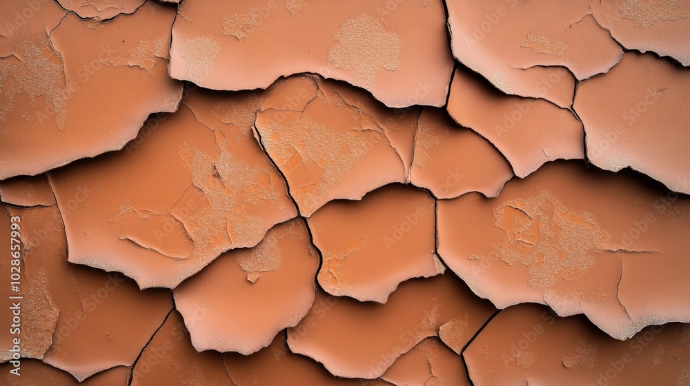 Close-up of cracked and peeling brown paint on a surface, showing texture and patterns resembling dried mud or desert ground. Close-up of cracked and peeling brown paint on a surface, showing texture and patterns resembling dried mud or desert ground.