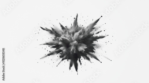 Abstract explosion of black powder on white background