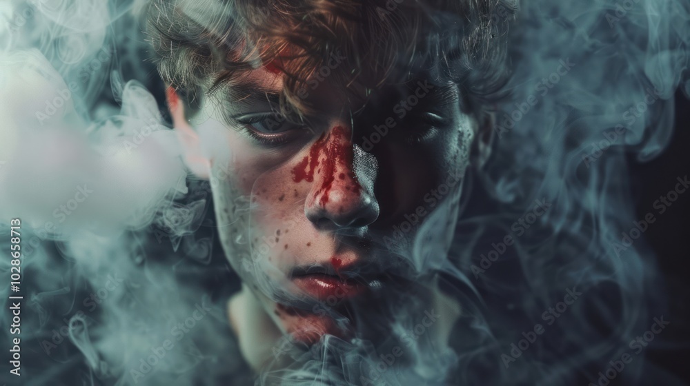 A Young Man's Face Covered in Blood and Smoke A Young Man's Face Covered in Blood and Smoke