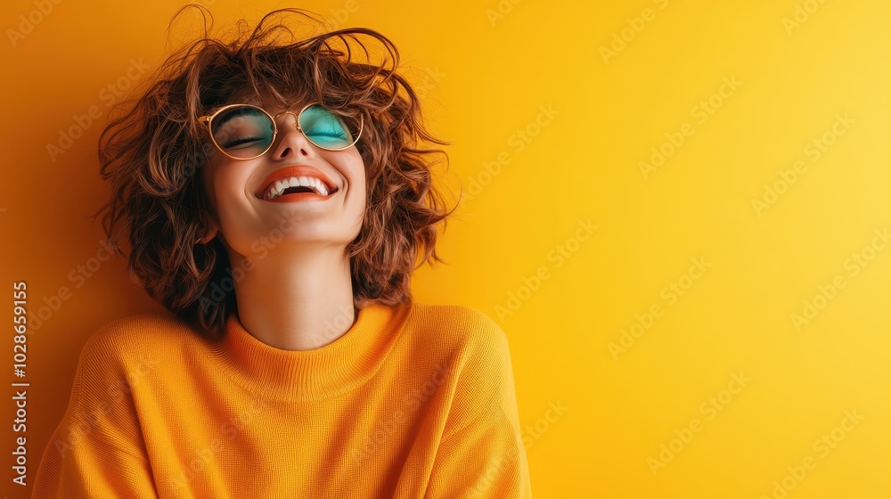 A young woman, wearing sunglasses and a yellow sweater, leans back laughing with joy against a vibrant yellow background, exemplifying happiness and carefree spirit. A young woman, wearing sunglasses and a yellow sweater, leans back laughing with joy against a vibrant yellow background, exemplifying happiness and carefree spirit.