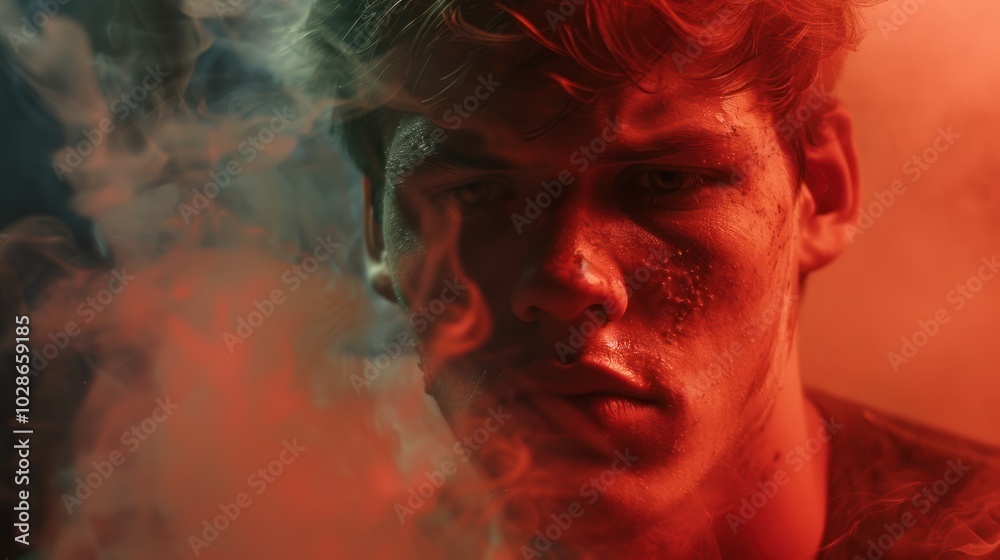 A Close-Up Portrait of a Young Man with Smoke in Front of His Face A Close-Up Portrait of a Young Man with Smoke in Front of His Face