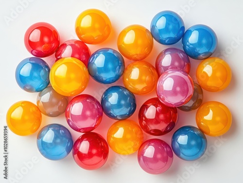 colorful plastic balls of various sizes scattered playfully against a stark white background, creating a lively, cheerful atmosphere perfect for children's play