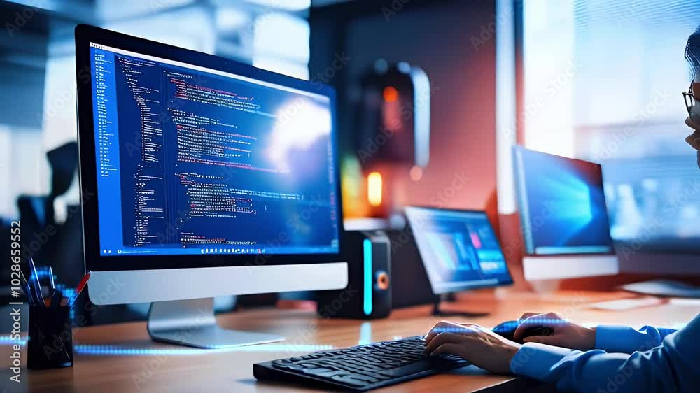 Programmer's hands on keyboard and mouse, coding on desktop computer with code on screen. Programmer's hands on keyboard and mouse, coding on desktop computer with code on screen.