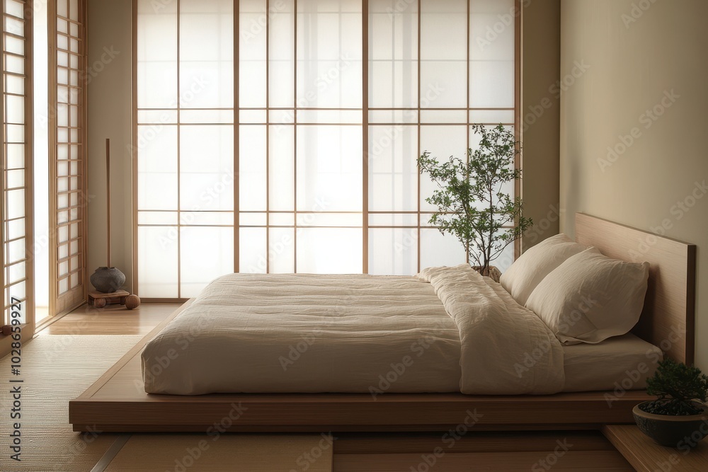 Serene minimalist bedroom design featuring natural elements, soft bedding, and warm light for a tranquil retreat. Serene minimalist bedroom design featuring natural elements, soft bedding, and warm light for a tranquil retreat.