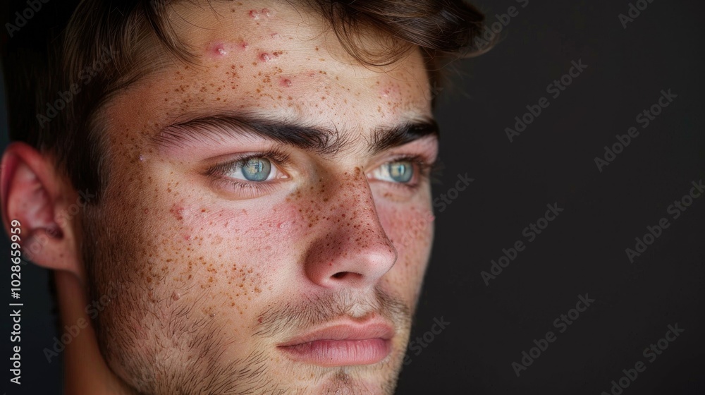 Close-up portrait of young man with freckles and acne on face