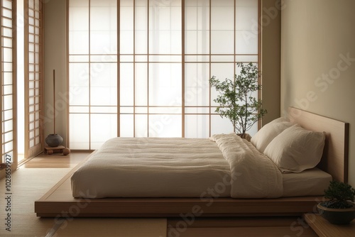 Serene minimalist bedroom design featuring natural elements, soft bedding, and warm light for a tranquil retreat.