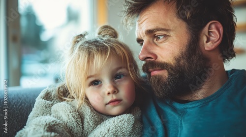 A bearded father lovingly holds his daughter, wrapped in a fluffy blanket, as they gaze thoughtfully into the distance from the comfort of a cozy home sofa.