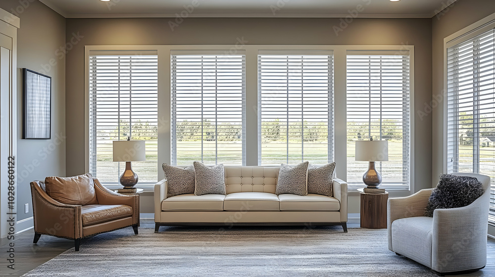 Modern living room with large windows and cozy seating. Modern living room with large windows and cozy seating.