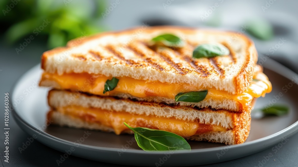 A classic grilled cheese sandwich portrayed with layers of gooey cheese and fresh basil leaves, set on a plate, highlighting its rich texture and culinary allure. A classic grilled cheese sandwich portrayed with layers of gooey cheese and fresh basil leaves, set on a plate, highlighting its rich texture and culinary allure.