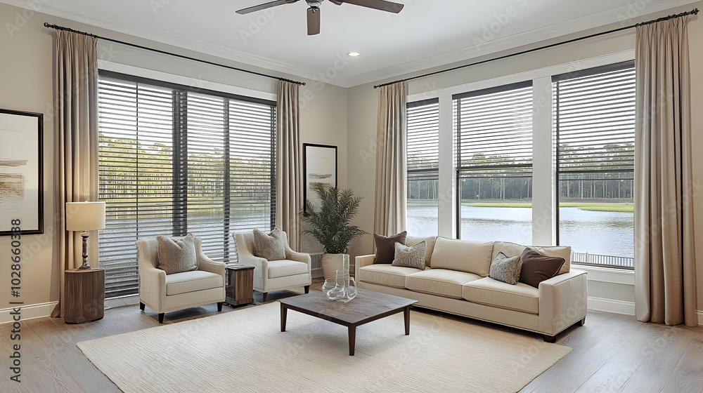 Modern living room with a view of a serene outdoor landscape. Modern living room with a view of a serene outdoor landscape.