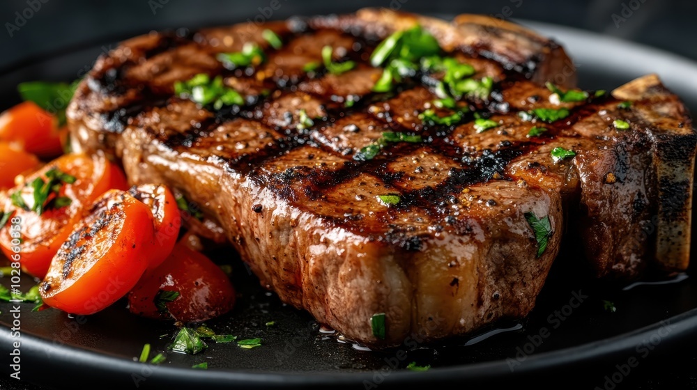 A mesmerizing photograph of a perfectly grilled steak resting on a black plate, garnished with fresh herbs and accompanied by juicy cherry tomatoes, a feast for the senses. A mesmerizing photograph of a perfectly grilled steak resting on a black plate, garnished with fresh herbs and accompanied by juicy cherry tomatoes, a feast for the senses.