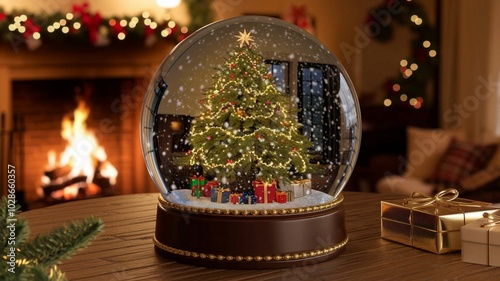 Christmas Tree in a Cozy Snow Globe with Gifts photo