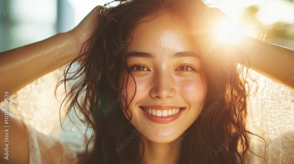 A sunlight-drenched woman with fresh features and wet, tousled hair is warmly smiling, embodying a sunny mood and effortless natural beauty. A sunlight-drenched woman with fresh features and wet, tousled hair is warmly smiling, embodying a sunny mood and effortless natural beauty.