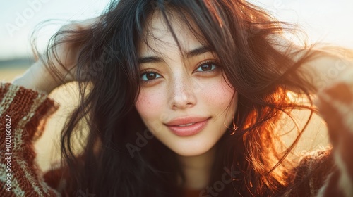 Bathed in the glow of the sunset, a woman's voluminous hair and relaxed smile convey a carefree and charming spirit, perfectly capturing nature’s ambiance. photo