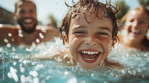 A cheerful child joyfully swims in a pool, surrounded by his beaming family members, capturing a moment of happiness and togetherness under the bright, sunny sky. photo