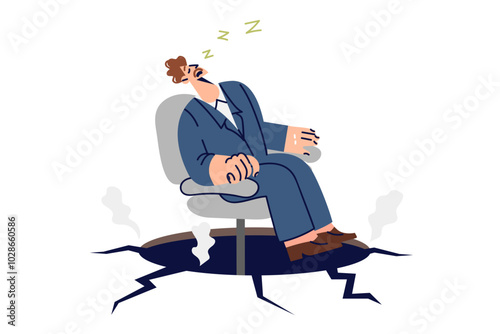 Lazy business man demonstrating inefficiency due to lack of motivation, sitting in chair over abyss