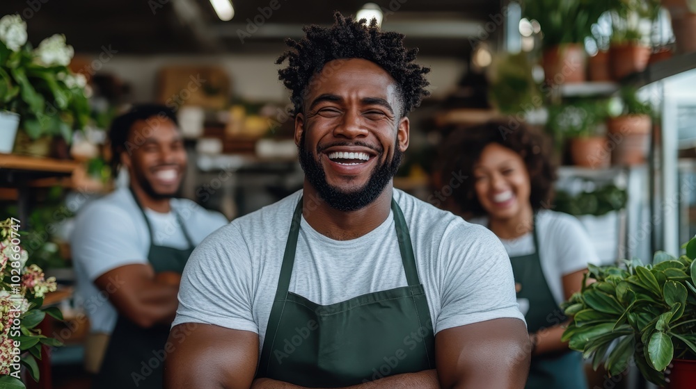 A cheerful florist stands in his bustling plant shop, wearing a green apron, surrounded by various houseplants and two colleagues in the background smiling broadly. A cheerful florist stands in his bustling plant shop, wearing a green apron, surrounded by various houseplants and two colleagues in the background smiling broadly.