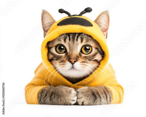 Adorable cat wearing a bee costume, white isolated background. Happy animal.