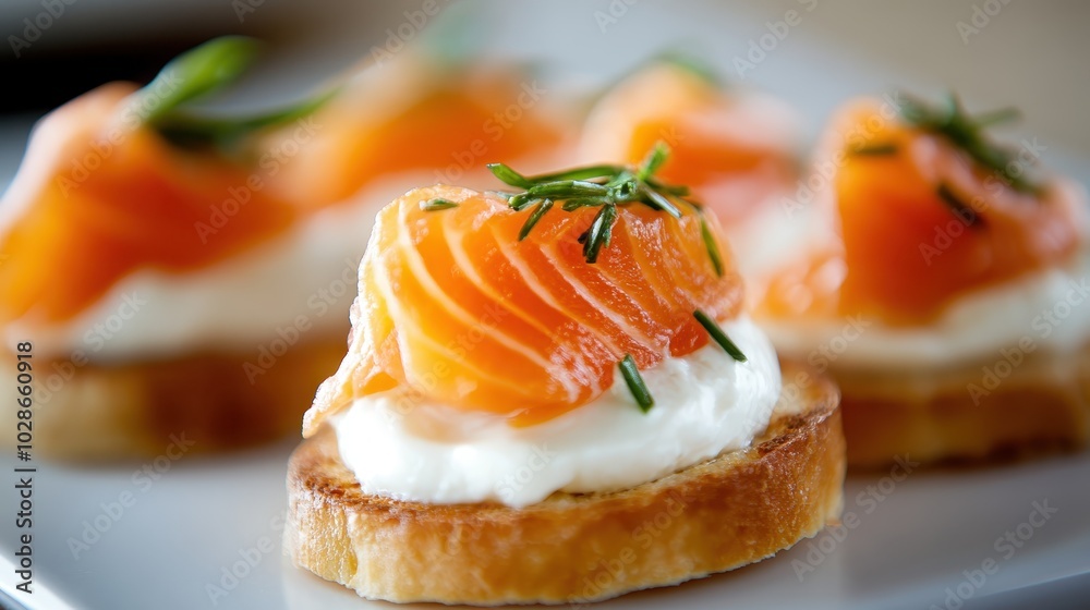 A detailed view of gourmet salmon canapés elegantly displayed with a creamy topping, garnished with fresh herbs, appealing to the senses for culinary enjoyment. A detailed view of gourmet salmon canapés elegantly displayed with a creamy topping, garnished with fresh herbs, appealing to the senses for culinary enjoyment.
