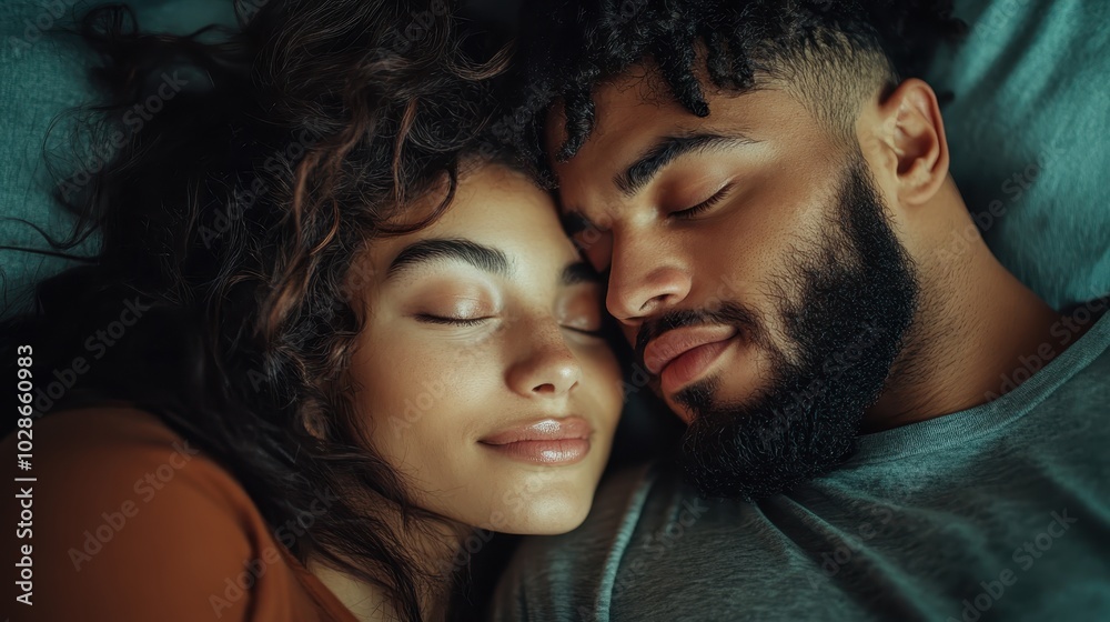 A serene couple is peacefully sleeping close together, expressing contentment and intimacy, while wrapped in a tranquil atmosphere surrounding them both. A serene couple is peacefully sleeping close together, expressing contentment and intimacy, while wrapped in a tranquil atmosphere surrounding them both.
