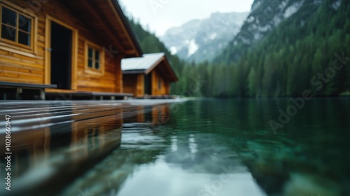Cozy wooden cabins are nestled beside a pristine, crystal-clear lake surrounded by a lush green forest, encapsulating a peaceful and scenic escape.