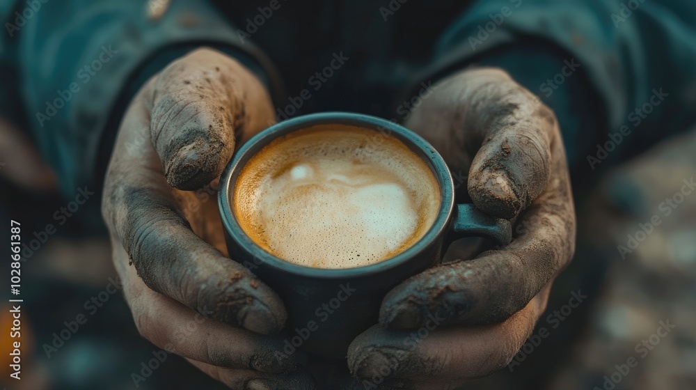 A close-up of hands holding a cup of coffee, with worn fingers showing signs of hardship. A close-up of hands holding a cup of coffee, with worn fingers showing signs of hardship.