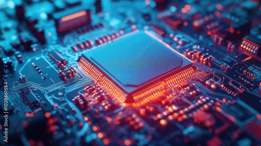 A close-up shot of a microprocessor with intricate details highlighted. A close-up shot of a microprocessor with intricate details highlighted.