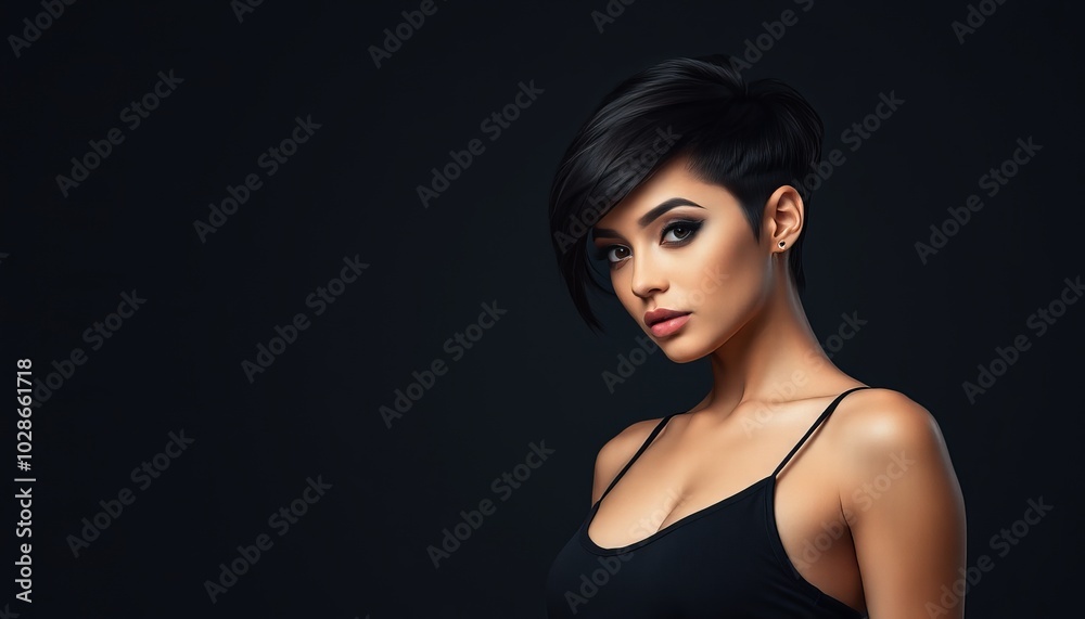 A close-up portrait of a model with short hair in a dark background A close-up portrait of a model with short hair in a dark background