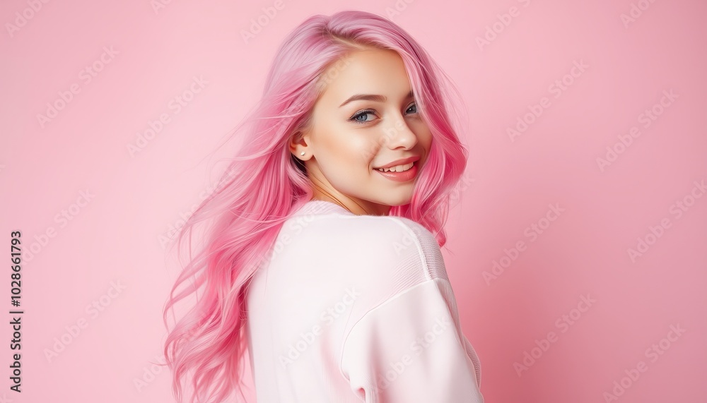Young woman with pink hair poses playfully against a pastel pink backdrop Young woman with pink hair poses playfully against a pastel pink backdrop