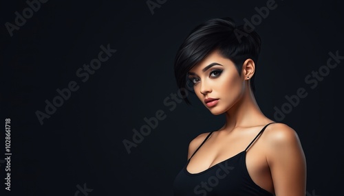 A close-up portrait of a model with short hair in a dark background