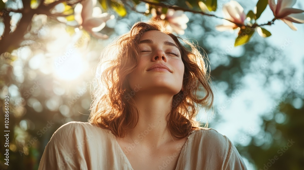 A peaceful young woman enjoys sunlit serenity beneath magnolia blossoms, captured in soft focus conveying a sense of relaxation and rejuvenation outdoors. A peaceful young woman enjoys sunlit serenity beneath magnolia blossoms, captured in soft focus conveying a sense of relaxation and rejuvenation outdoors.