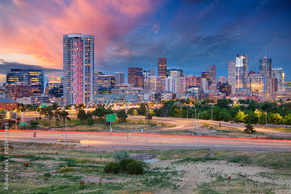 Denver, Colorado, USA. Cityscape image of Denver skyline, Colorado, USA at dramatic summer sunset.