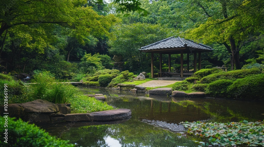 A peaceful scene of relaxation in a garden, surrounded by nature tranquility A peaceful scene of relaxation in a garden, surrounded by nature tranquility