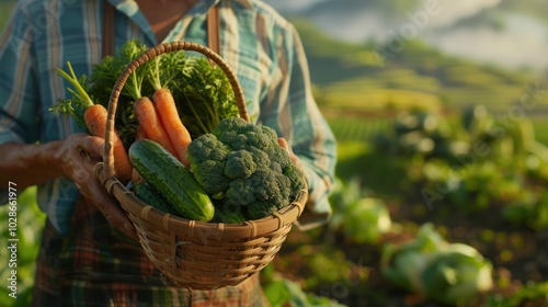 Farmer Holding Basket of Freshly Harvested Vegetables photo