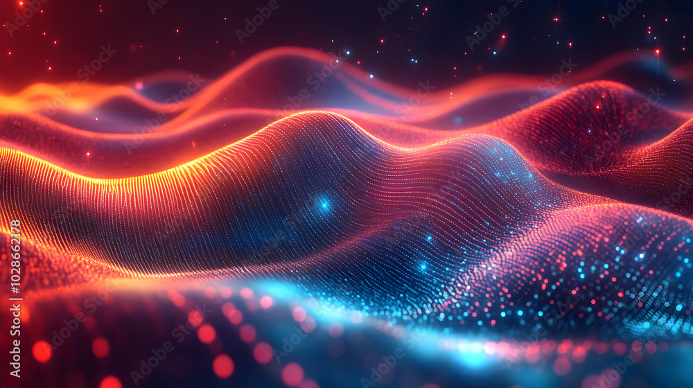 Abstract digital waves with glowing particles and vibrant colors. Abstract digital waves with glowing particles and vibrant colors.