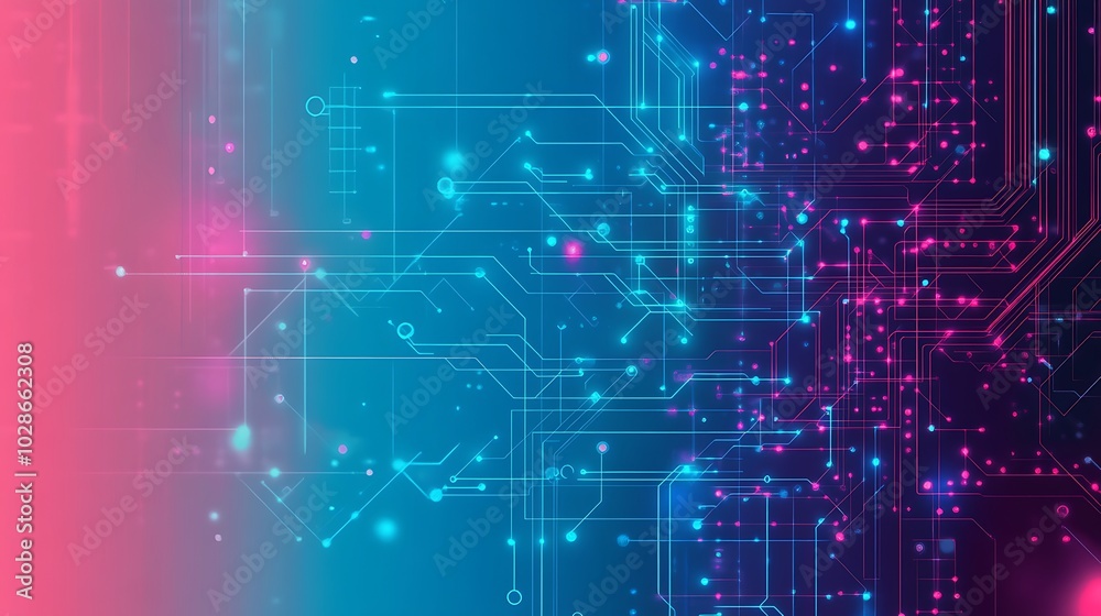 Abstract blue and pink circuit board with glowing lines and nodes. Abstract blue and pink circuit board with glowing lines and nodes.
