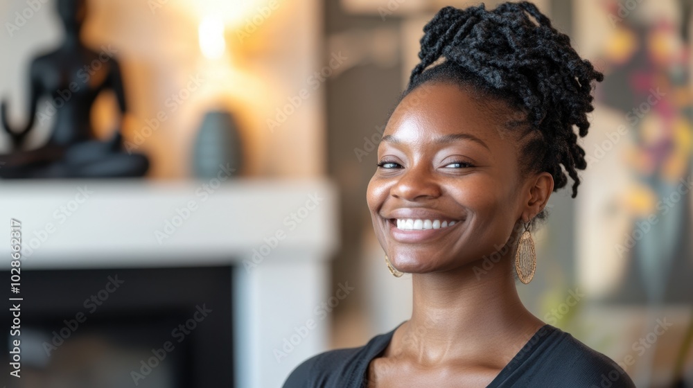 Radiant Young Woman Smiling in Cozy Home Environment