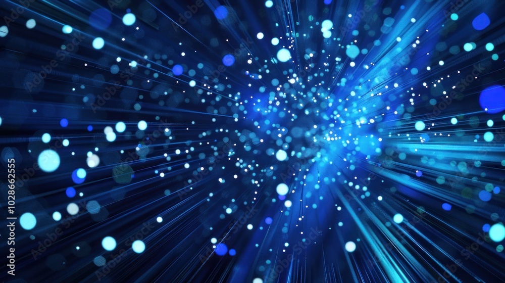 Abstract blue light beams and sparkling particles in motion