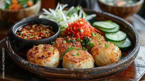 Close-up of a delicious Vietnamese dish with crispy fried rice balls, fresh vegetables, and dipping sauce.